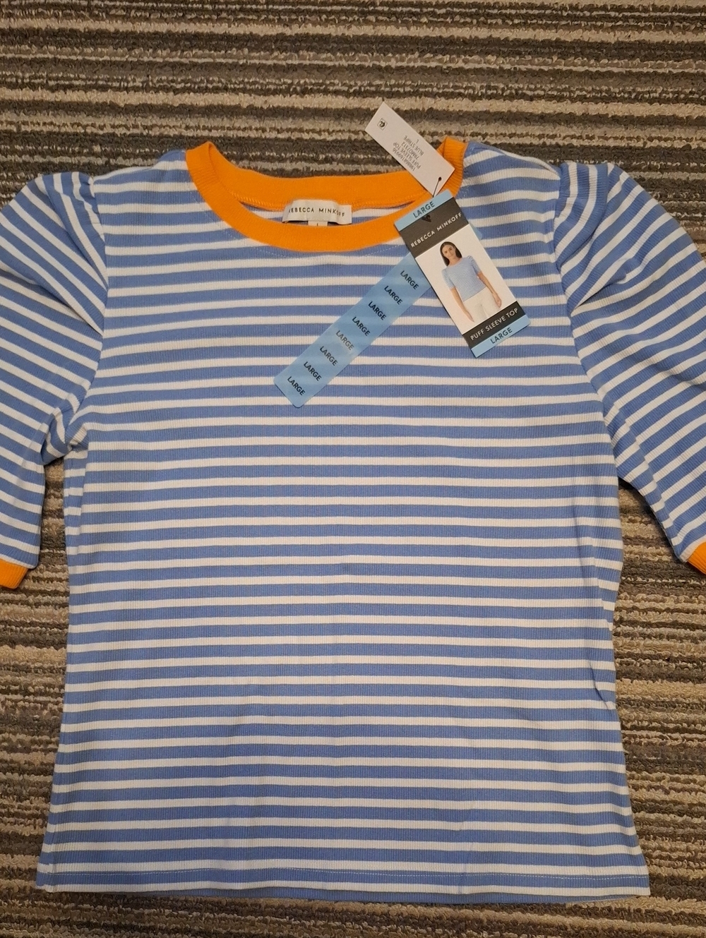 Rebecca Minkoff Blue & White Striped Tee with Orange Trim